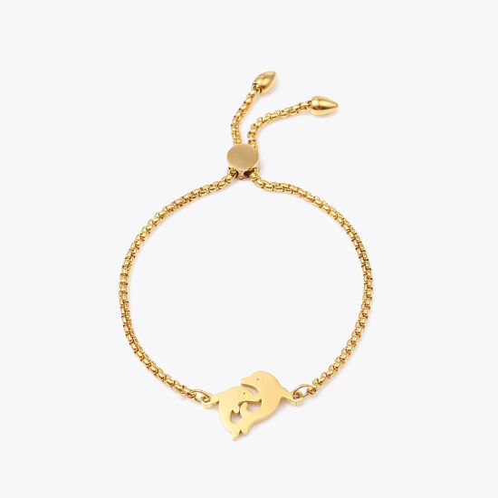 Imagen de 304 Acero Inoxidable Joyería del océano Ajustable Slider/ Slide Pulsera Chapado en Oro Delfín 26.3cm - 25.3cm longitud, 50 Unidades
