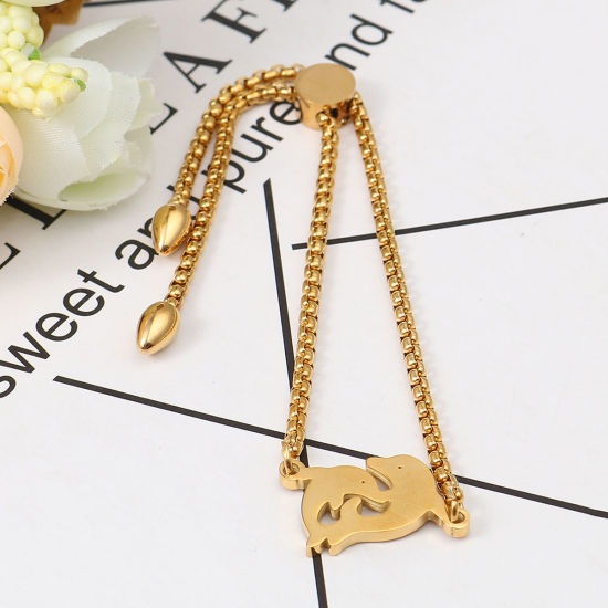 Imagen de 304 Acero Inoxidable Joyería del océano Ajustable Slider/ Slide Pulsera Chapado en Oro Delfín 26.3cm - 25.3cm longitud, 50 Unidades