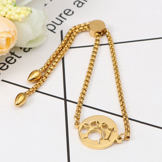 Imagen de 304 Acero Inoxidable Ajustable Slider/ Slide Pulsera Chapado en Oro Ronda geométrico 26.3cm - 25.3cm longitud, 50 Unidades