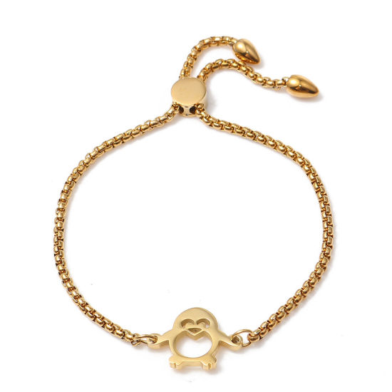 Imagen de 304 Acero Inoxidable Ajustable Slider/ Slide Pulsera Chapado en Oro Pingüino 26.3cm - 25.3cm longitud, 50 Unidades
