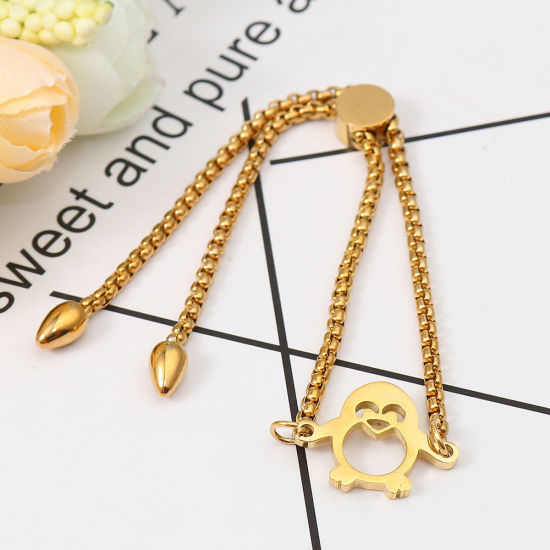 Imagen de 304 Acero Inoxidable Ajustable Slider/ Slide Pulsera Chapado en Oro Pingüino 26.3cm - 25.3cm longitud, 50 Unidades