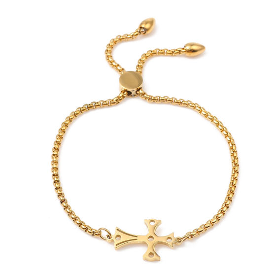 Immagine di 304 Acciaio Inossidabile Slider Regolabile Bolo Bracciale / Presentazione Oro Placcato Croce 26.3cm - 25.3cm Lunghezza, 50 Pz