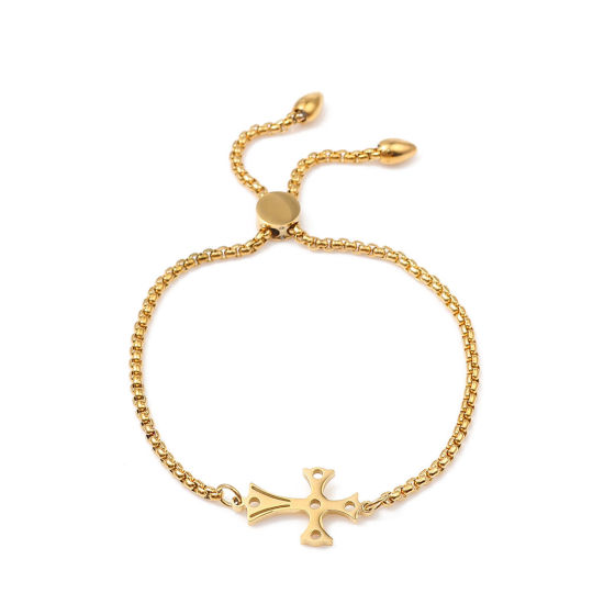 Immagine di 304 Acciaio Inossidabile Slider Regolabile Bolo Bracciale / Presentazione Oro Placcato Croce 26.3cm - 25.3cm Lunghezza, 50 Pz