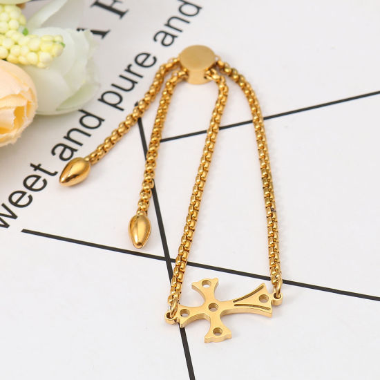 Immagine di 304 Acciaio Inossidabile Slider Regolabile Bolo Bracciale / Presentazione Oro Placcato Croce 26.3cm - 25.3cm Lunghezza, 50 Pz
