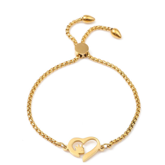 Immagine di 304 Acciaio Inossidabile Slider Regolabile Bolo Bracciale / Presentazione Oro Placcato Cuore 26.3cm - 25.3cm Lunghezza, 50 Pz