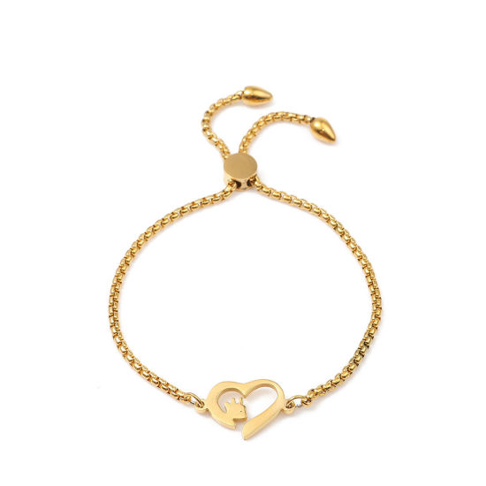 Immagine di 304 Acciaio Inossidabile Slider Regolabile Bolo Bracciale / Presentazione Oro Placcato Cuore 26.3cm - 25.3cm Lunghezza, 50 Pz