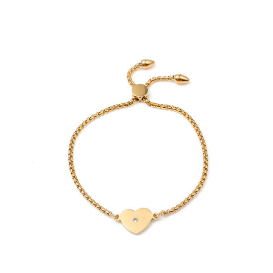 Imagen de 304 Acero Inoxidable Ajustable Slider/ Slide Pulsera Chapado en Oro Corazón Transparente Rhinestone 26.3cm - 25.3cm longitud, 50 Unidades