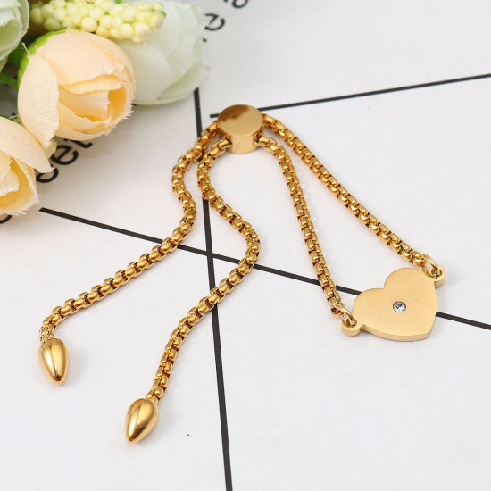 Imagen de 304 Acero Inoxidable Ajustable Slider/ Slide Pulsera Chapado en Oro Corazón Transparente Rhinestone 26.3cm - 25.3cm longitud, 50 Unidades
