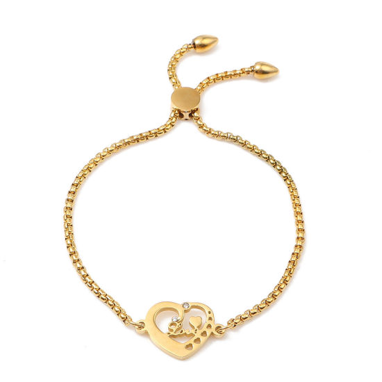 Imagen de 304 Acero Inoxidable Ajustable Slider/ Slide Pulsera Chapado en Oro Corazón " Amor " Transparente Rhinestone 26.3cm - 25.3cm longitud, 50 Unidades