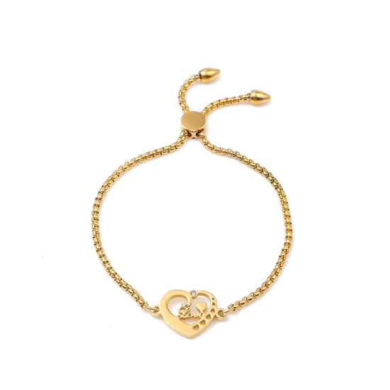 Imagen de 304 Acero Inoxidable Ajustable Slider/ Slide Pulsera Chapado en Oro Corazón " Amor " Transparente Rhinestone 26.3cm - 25.3cm longitud, 50 Unidades