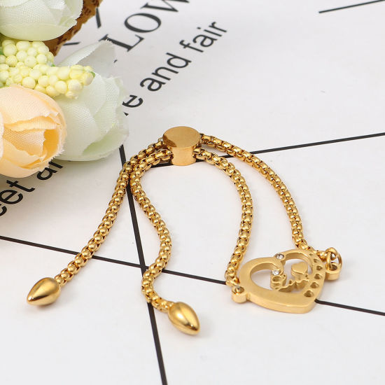 Imagen de 304 Acero Inoxidable Ajustable Slider/ Slide Pulsera Chapado en Oro Corazón " Amor " Transparente Rhinestone 26.3cm - 25.3cm longitud, 50 Unidades