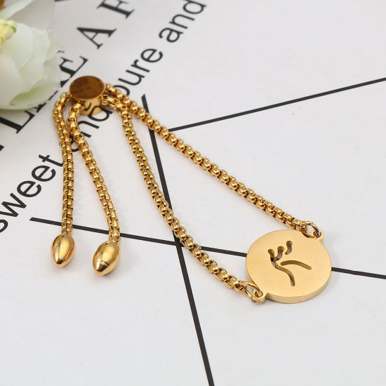 Imagen de 304 Acero Inoxidable Ajustable Slider/ Slide Pulsera Chapado en Oro Ronda 26.3cm - 25.3cm longitud, 50 Unidades