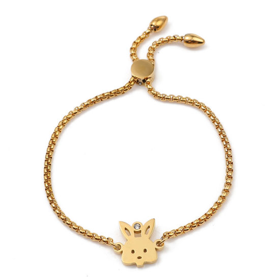 Imagen de 304 Acero Inoxidable Ajustable Slider/ Slide Pulsera Chapado en Oro Conejo Transparente Rhinestone 26.3cm - 25.3cm longitud, 50 Unidades