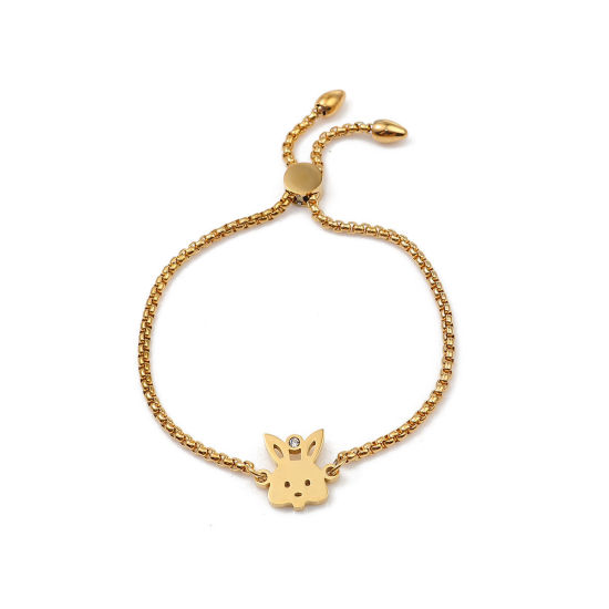 Imagen de 304 Acero Inoxidable Ajustable Slider/ Slide Pulsera Chapado en Oro Conejo Transparente Rhinestone 26.3cm - 25.3cm longitud, 50 Unidades