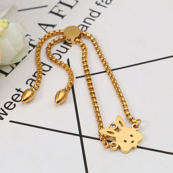 Imagen de 304 Acero Inoxidable Ajustable Slider/ Slide Pulsera Chapado en Oro Conejo Transparente Rhinestone 26.3cm - 25.3cm longitud, 50 Unidades