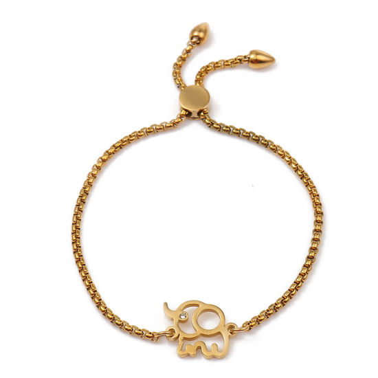 Imagen de 304 Acero Inoxidable Ajustable Slider/ Slide Pulsera Chapado en Oro Elefante Transparente Rhinestone 25.3cm - 24.3cm longitud, 50 Unidades