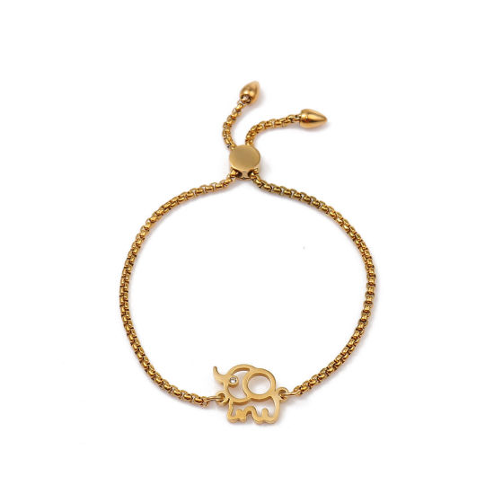 Imagen de 304 Acero Inoxidable Ajustable Slider/ Slide Pulsera Chapado en Oro Elefante Transparente Rhinestone 25.3cm - 24.3cm longitud, 50 Unidades