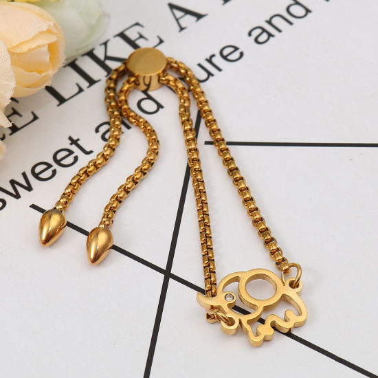 Imagen de 304 Acero Inoxidable Ajustable Slider/ Slide Pulsera Chapado en Oro Elefante Transparente Rhinestone 25.3cm - 24.3cm longitud, 50 Unidades