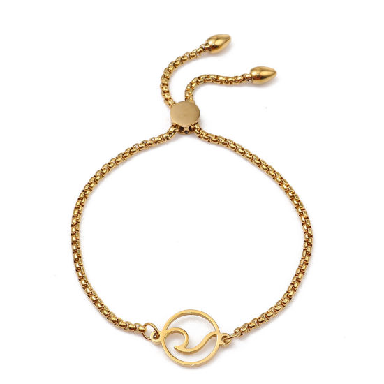 Immagine di 304 Acciaio Inossidabile Slider Regolabile Bolo Bracciale / Presentazione Oro Placcato Tondo 26.3cm - 25.3cm Lunghezza, 50 Pz