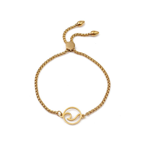 Immagine di 304 Acciaio Inossidabile Slider Regolabile Bolo Bracciale / Presentazione Oro Placcato Tondo 26.3cm - 25.3cm Lunghezza, 50 Pz