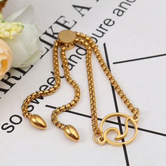 Immagine di 304 Acciaio Inossidabile Slider Regolabile Bolo Bracciale / Presentazione Oro Placcato Tondo 26.3cm - 25.3cm Lunghezza, 50 Pz
