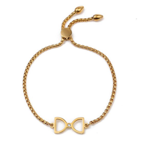 Immagine di 304 Acciaio Inossidabile Slider Regolabile Bolo Bracciale / Presentazione Oro Placcato Clessidra Trasparente Strass 26.3cm - 25.3cm Lunghezza, 50 Pz