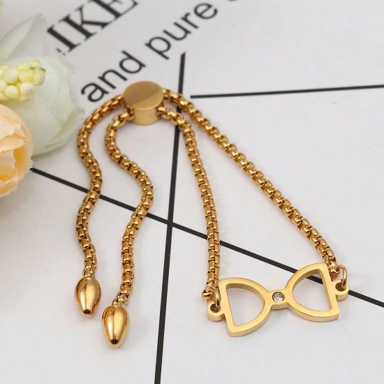 Immagine di 304 Acciaio Inossidabile Slider Regolabile Bolo Bracciale / Presentazione Oro Placcato Clessidra Trasparente Strass 26.3cm - 25.3cm Lunghezza, 50 Pz
