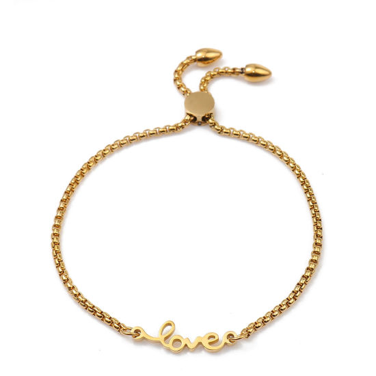 Immagine di 304 Acciaio Inossidabile Slider Regolabile Bolo Bracciale / Presentazione Oro Placcato Messaggio " LOVE " 26.3cm - 25.3cm Lunghezza, 50 Pz