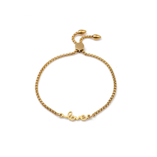Immagine di 304 Acciaio Inossidabile Slider Regolabile Bolo Bracciale / Presentazione Oro Placcato Messaggio " LOVE " 26.3cm - 25.3cm Lunghezza, 50 Pz