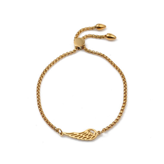 Immagine di 304 Acciaio Inossidabile Slider Regolabile Bolo Bracciale / Presentazione Oro Placcato Ali 26.3cm - 25.3cm Lunghezza, 50 Pz
