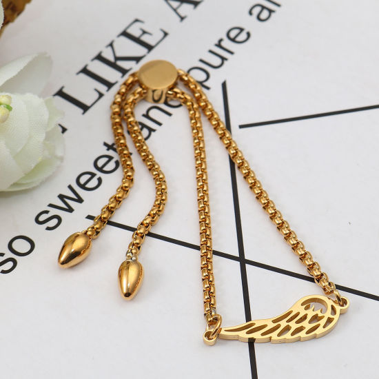 Immagine di 304 Acciaio Inossidabile Slider Regolabile Bolo Bracciale / Presentazione Oro Placcato Ali 26.3cm - 25.3cm Lunghezza, 50 Pz