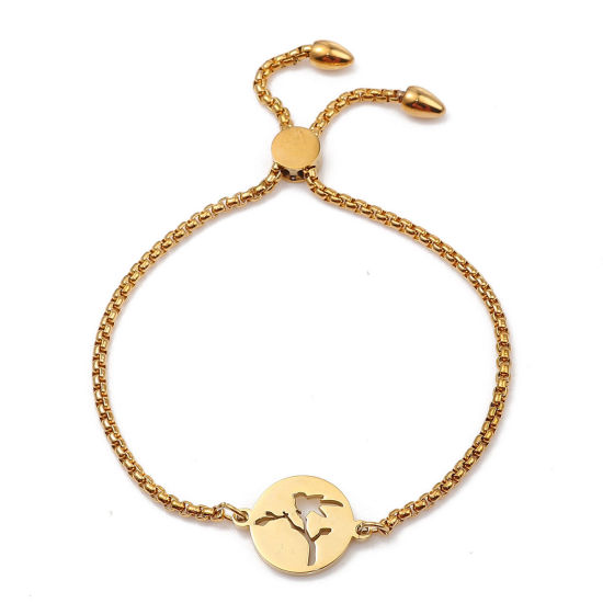 Imagen de 304 Acero Inoxidable Ajustable Slider/ Slide Pulsera Chapado en Oro Ronda Pájaro 26.3cm - 25.3cm longitud, 50 Unidades