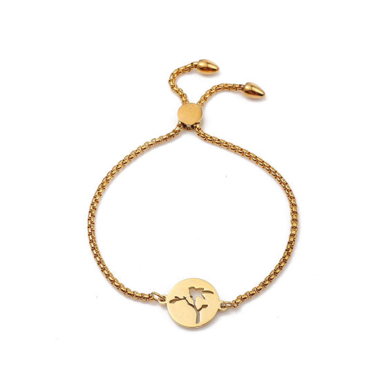 Imagen de 304 Acero Inoxidable Ajustable Slider/ Slide Pulsera Chapado en Oro Ronda Pájaro 26.3cm - 25.3cm longitud, 50 Unidades