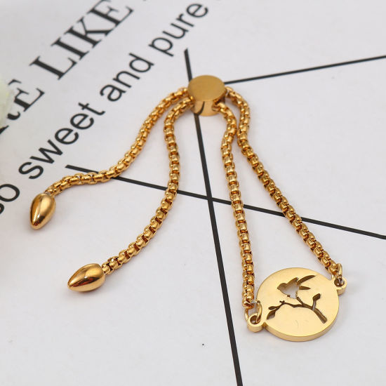Imagen de 304 Acero Inoxidable Ajustable Slider/ Slide Pulsera Chapado en Oro Ronda Pájaro 26.3cm - 25.3cm longitud, 50 Unidades