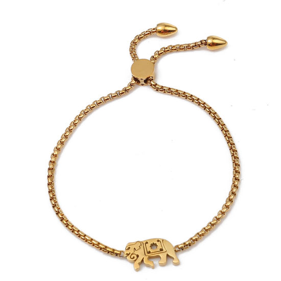 Imagen de 304 Acero Inoxidable Ajustable Slider/ Slide Pulsera Chapado en Oro Elefante 25.3cm - 24.3cm longitud, 50 Unidades