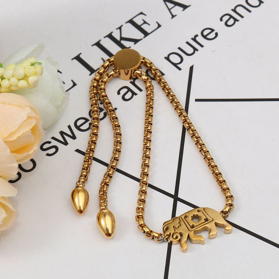 Imagen de 304 Acero Inoxidable Ajustable Slider/ Slide Pulsera Chapado en Oro Elefante 25.3cm - 24.3cm longitud, 50 Unidades