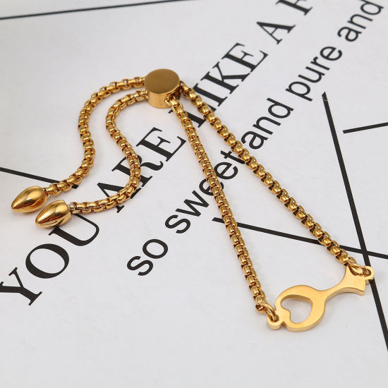 Imagen de 304 Acero Inoxidable Ajustable Slider/ Slide Pulsera Chapado en Oro Copa de Vino Corazón 26.3cm - 25.3cm longitud, 50 Unidades