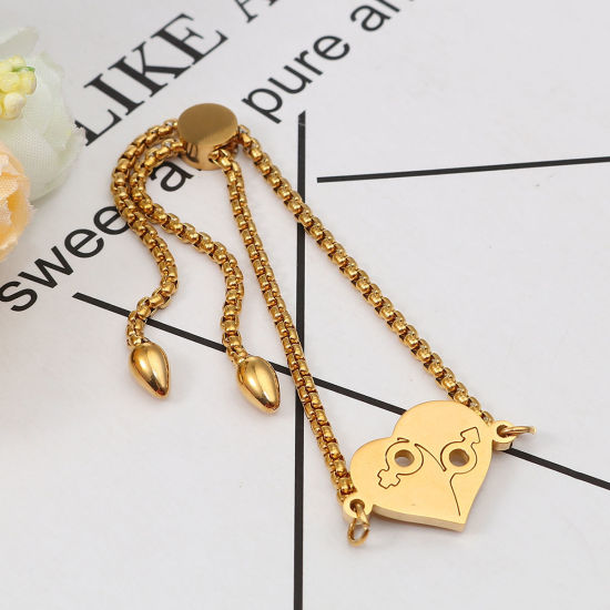 Imagen de 304 Acero Inoxidable Ajustable Slider/ Slide Pulsera Chapado en Oro Corazón Signo De Género 26.3cm - 25.3cm longitud, 50 Unidades