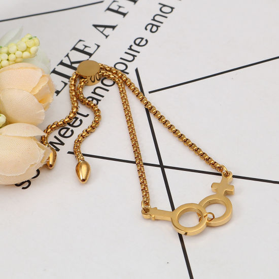 Imagen de 304 Acero Inoxidable Ajustable Slider/ Slide Pulsera Chapado en Oro Signo De Género 28cm longitud, 50 Unidades