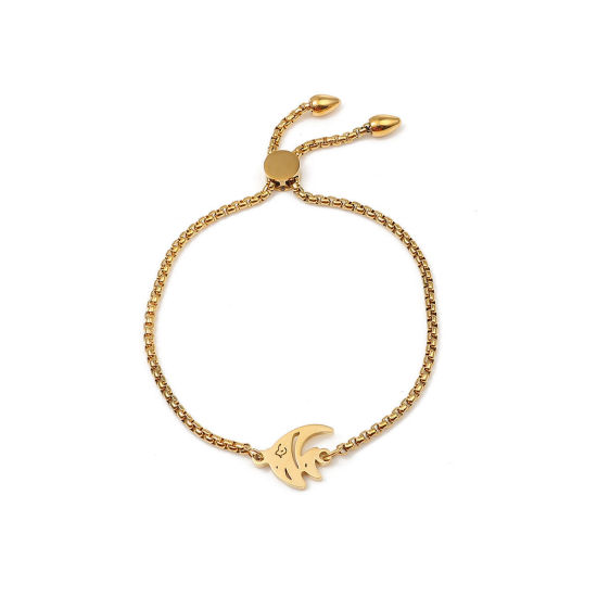 Imagen de 304 Acero Inoxidable Joyería del océano Ajustable Slider/ Slide Pulsera Chapado en Oro Pez Tropical 26.3cm - 25.3cm longitud, 50 Unidades
