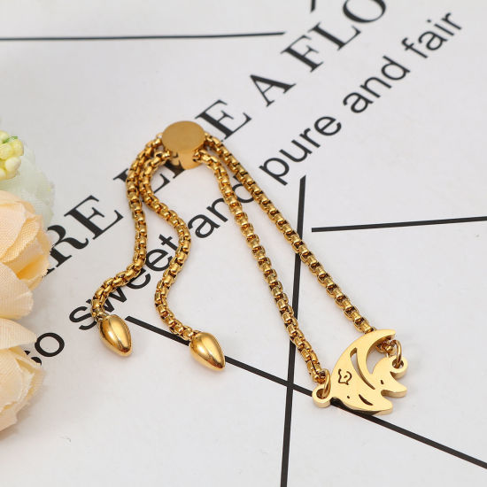 Imagen de 304 Acero Inoxidable Joyería del océano Ajustable Slider/ Slide Pulsera Chapado en Oro Pez Tropical 26.3cm - 25.3cm longitud, 50 Unidades