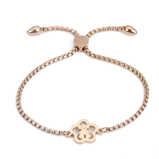 Imagen de 304 Acero Inoxidable Ajustable Slider/ Slide Pulsera Oro Rosa Flor Oso 25.3cm - 24.3cm longitud, 50 Unidades