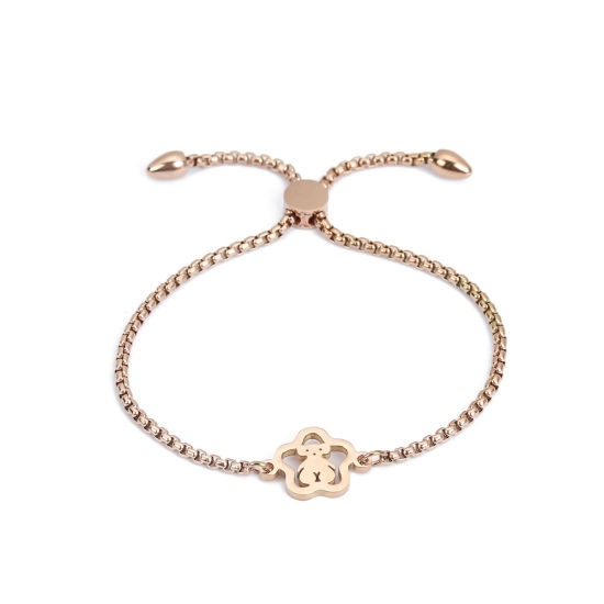 Imagen de 304 Acero Inoxidable Ajustable Slider/ Slide Pulsera Oro Rosa Flor Oso 25.3cm - 24.3cm longitud, 50 Unidades
