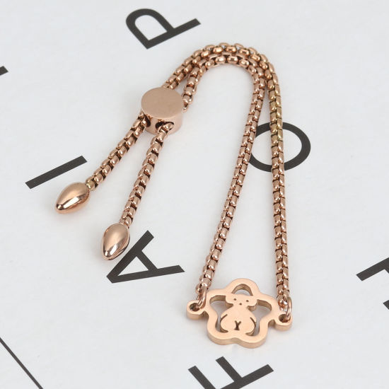 Imagen de 304 Acero Inoxidable Ajustable Slider/ Slide Pulsera Oro Rosa Flor Oso 25.3cm - 24.3cm longitud, 50 Unidades