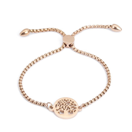 304 Stainless Steel Adjustable Slider/ Slide Bolo Bracelets Rose Gold Round Tree 26.3cm(10 3/8") - 25.3cm(10") long, 50 PCs