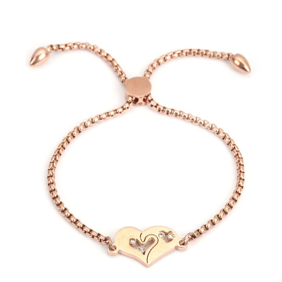 Immagine di 304 Acciaio Inossidabile Slider Regolabile Bolo Bracciale / Presentazione Oro Rosa Cuore Trasparente Strass 26.3cm - 25.3cm Lunghezza, 50 Pz