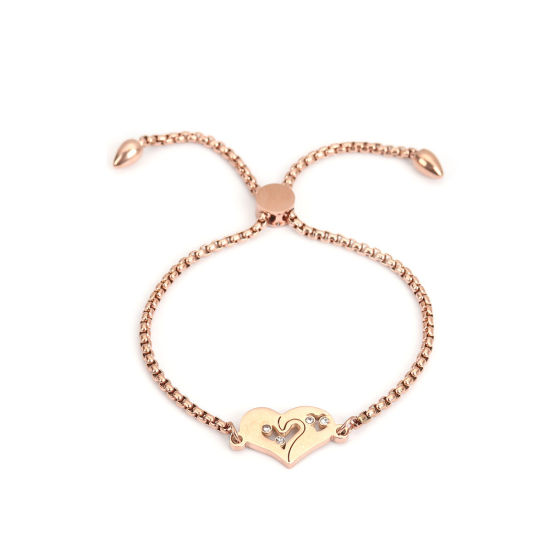 Immagine di 304 Acciaio Inossidabile Slider Regolabile Bolo Bracciale / Presentazione Oro Rosa Cuore Trasparente Strass 26.3cm - 25.3cm Lunghezza, 50 Pz