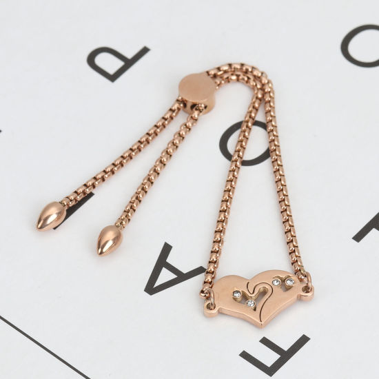 Immagine di 304 Acciaio Inossidabile Slider Regolabile Bolo Bracciale / Presentazione Oro Rosa Cuore Trasparente Strass 26.3cm - 25.3cm Lunghezza, 50 Pz