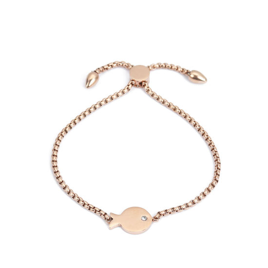 Bild von 304 Edelstahl Einstellbares Slider/ Slide Armband Schieberarmband Rosegold Fisch Transparent Strass 25.3cm - 24.3cm lang, 50 Strange