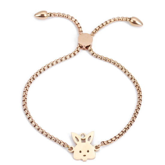 Imagen de 304 Acero Inoxidable Ajustable Slider/ Slide Pulsera Oro Rosa Conejo Transparente Rhinestone 26.3cm - 25.3cm longitud, 50 Unidades